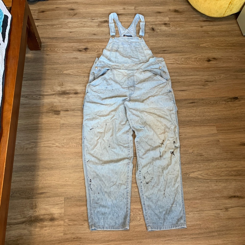 Vintage 90s Old Navy Denim Overalls Light Wash Paint Splatter Carpenter - Large